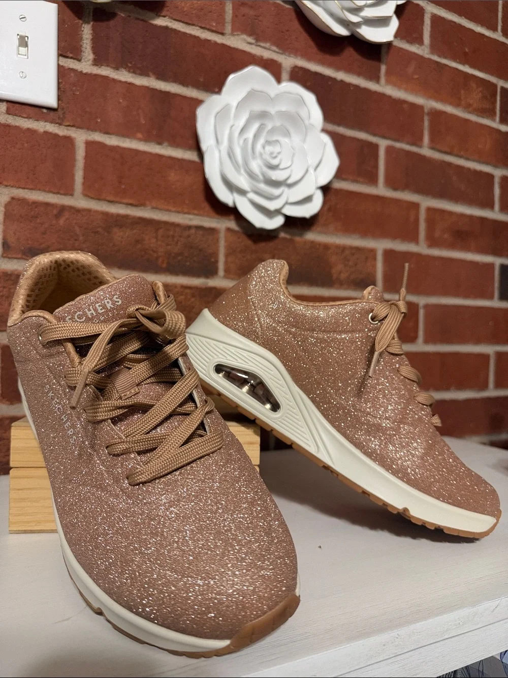 Skechers Women's Rose Gold Glitter Platform Athletic Sneakers